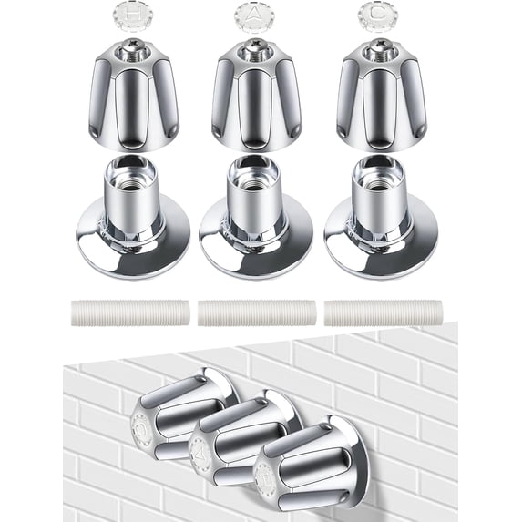 ABCISI 3 Set Tub Faucet Handle, Shower Knob Replacement Include C H D Flange Base and Nipple, Bathtub Knob Compatible with Price Pfister Verve Fits 5-1/2''H,12 Tooth Broach Stem (Chrome)