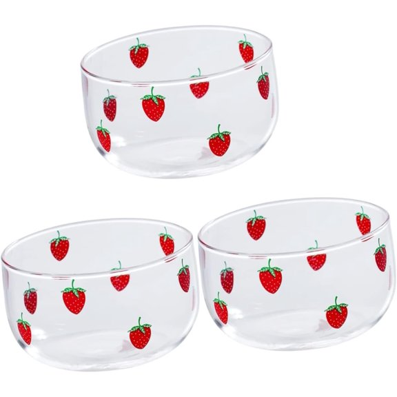 ABCISI 3 pcs Brosilicate Dish Lovely Cereal Home Strawberry Desserts Kitchen Crystal Simple Snack Salad Cooking Glass For Fruit Ice Clear Soap with Stackable Pasta Round Glasss