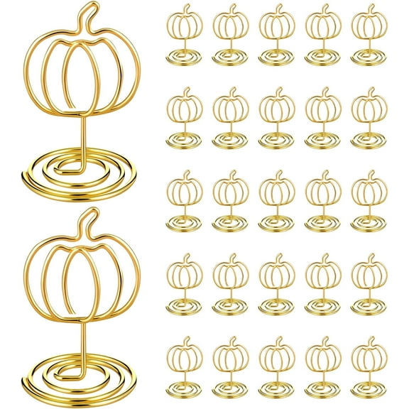 ABCISI 30 Pcs Gold Pumpkin Picture Holders,  2 Inch Photo Card Table Number Holders, Name Card Display Stands, Pumpkin Centerpieces for Table Decor, Thanksgiving Table Setting Harvest Party Supplies