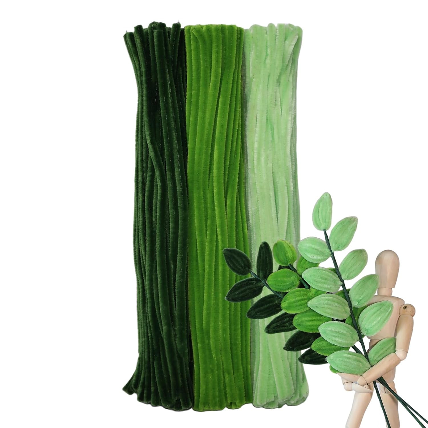 ABCISI 300pcs Pipe Cleaners Bulk -Green Color Trio, Fluffy Craft Pipe Cleaners for Arts & Crafts, Ideal for Making Flowers, Animals & Decorations (12 x 0.26 inches)