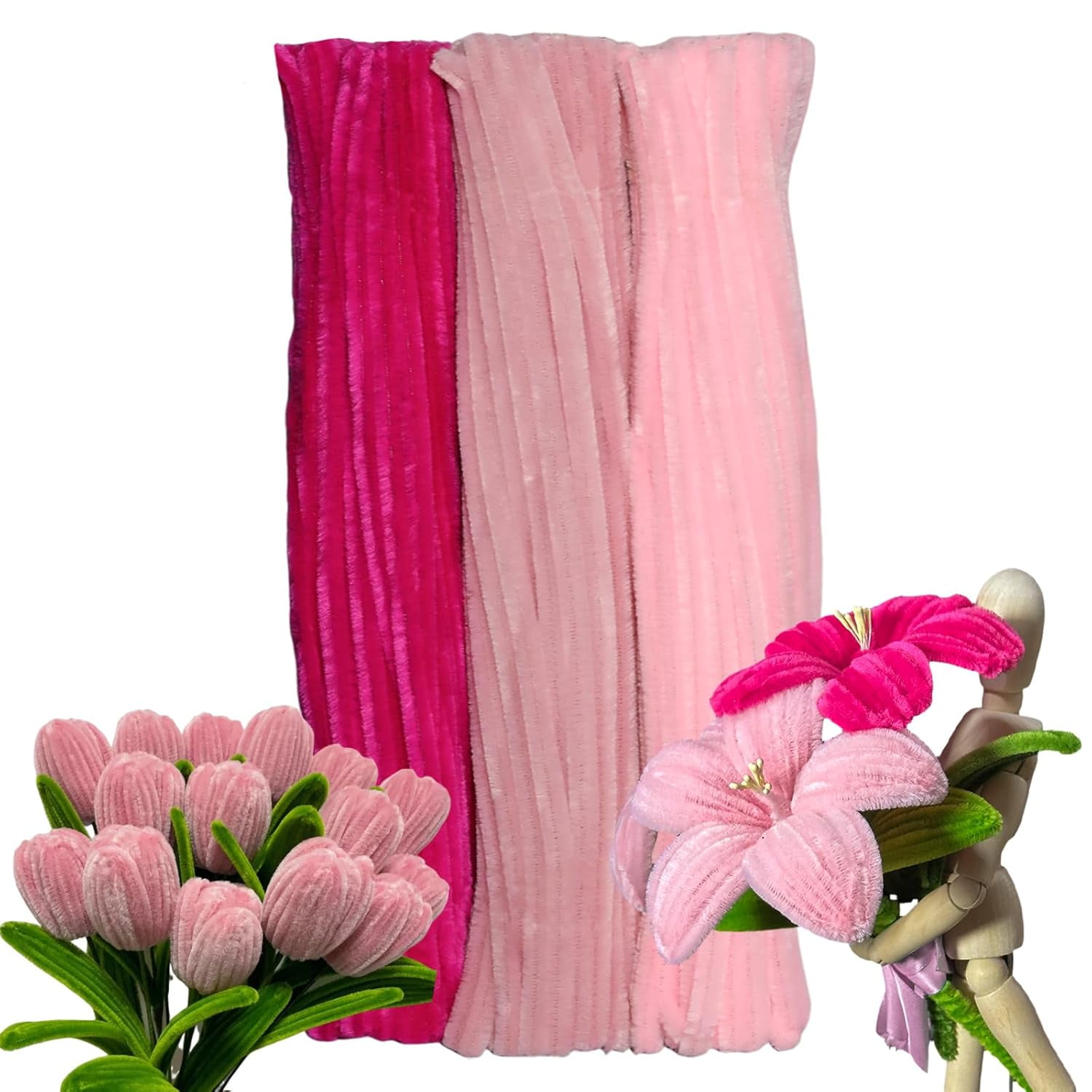ABCISI 300pcs Pipe Cleaners Bulk -Pink Color Trio, Fluffy Craft Pipe Cleaners for Arts & Crafts, Ideal for Making Flowers, Animals & Decorations (12 x 0.26 inches)