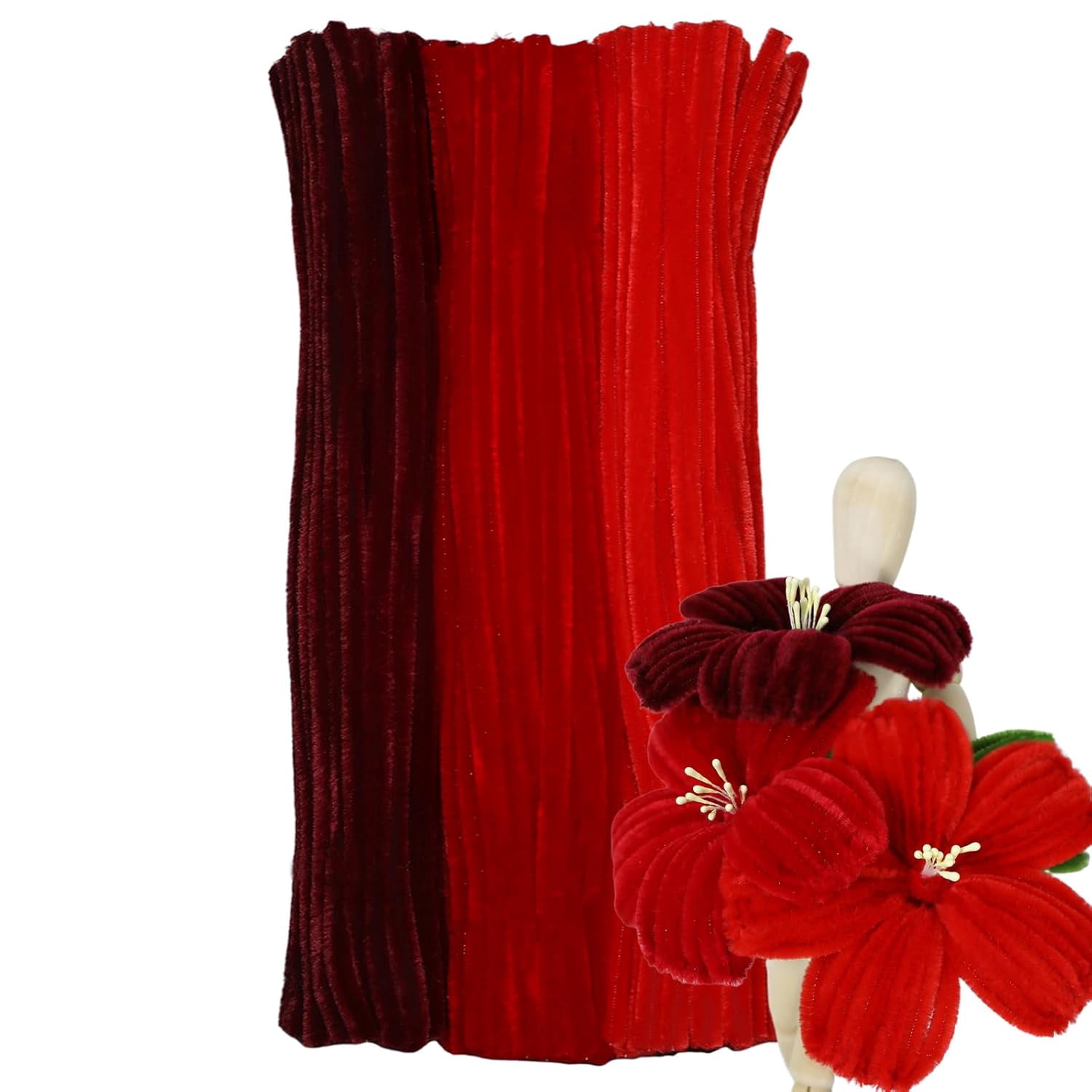 ABCISI 300pcs Pipe Cleaners Bulk -Red Color Trio, Fluffy Craft Pipe Cleaners for Arts & Crafts, Ideal for Making Flowers, Animals & Decorations (12 x 0.26 inches)