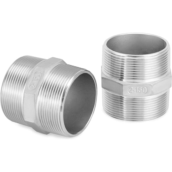 ABCISI 304 Stainless Steel Hex Nipple, 2" Male x 2" Male, 2 Pack Threaded Pipe Fitting NPT, 150 PSI Max, Home Piping Application, 2-Inch