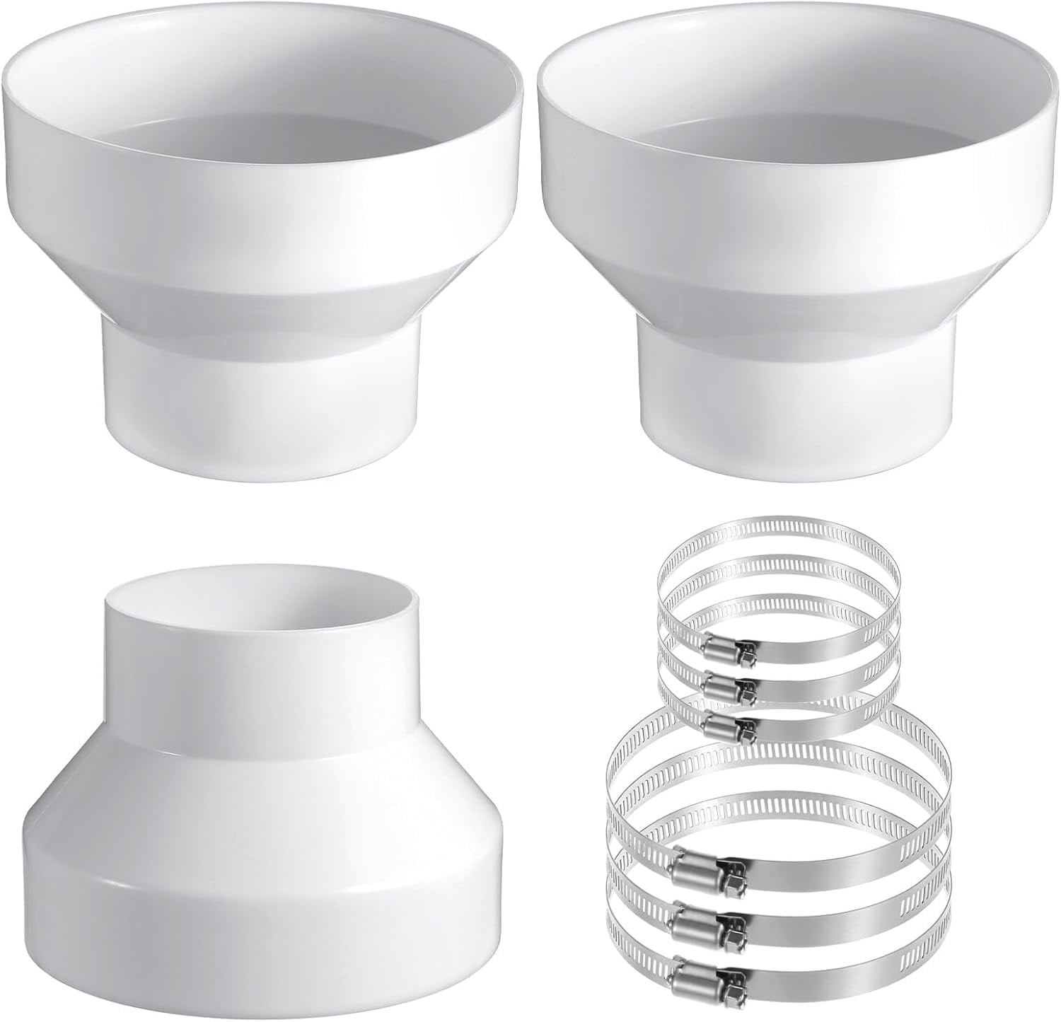 ABCISI 3PCS 6 to 4 Inch Duct Reducer Adapter, ABS Plastic & Stainless Steel HVAC Ventilation Pipe Connector for Kitchen, Bathroom, Grow Tent, Inline Ventilation System – White