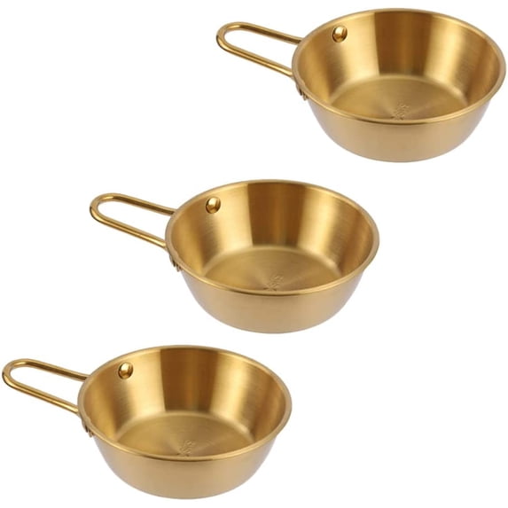ABCISI 3pcs Korean Bowl with Handles, Korean Rice Wine Bowls, Stainless Steel Soup Bowl Makgeolli Bowls Camp Food Cup Salad Bowl Noodle Bowl for Home Tavern Hotel Party Banquet (Gold)
