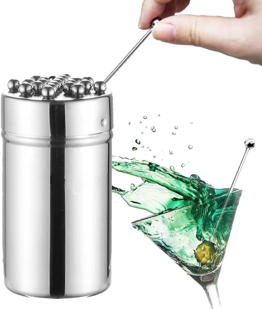 ABCISI 4.5" Metal Cocktail Picks 21Pack+Holder Jar, Premium 304 Stainless Steel Reusable Appetizer Skewers Set for Fruits, BBQ Snacks, Cocktails, Olives