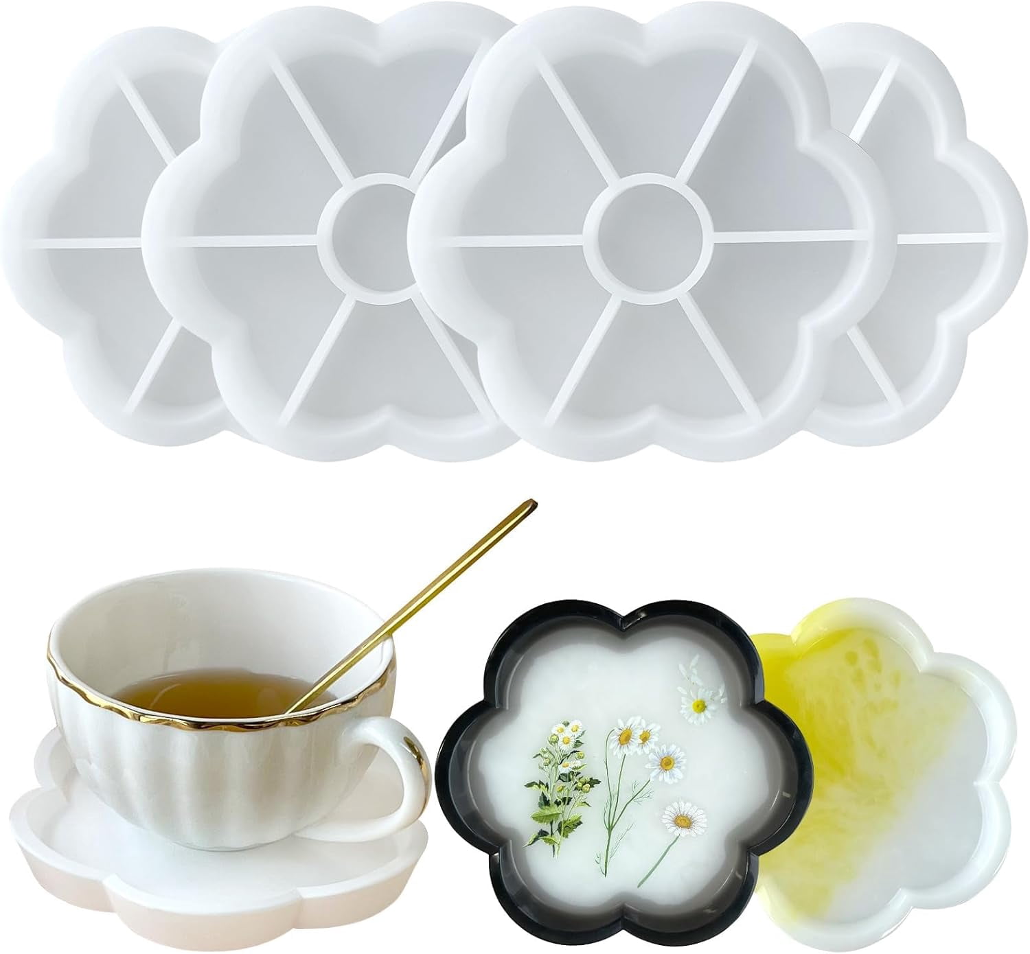 ABCISI 4 PCS Flower Resin Tray Molds, Durable Silicone Coaster Molds for Epoxy Resin, Silicone Tray Molds for DIY Jewelry Trinket Tray, Craft Project, Candle Tray, Holiday Gifts