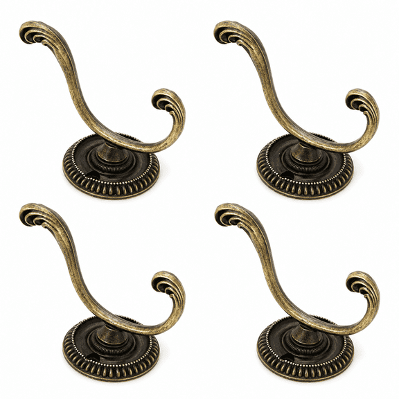 ABCISI Antique Bronze Wall Hooks, 4 Pcs Double Prong Coat Hooks with Decorative Round Base, 2.87 Inch Wall Mounted Hangers for Robes, Hats, Bags, Towels, Bedroom, Bathroom and Closet