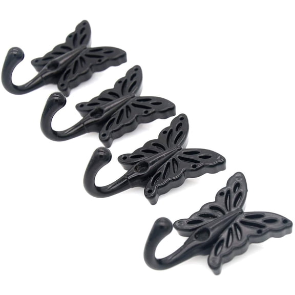 ABCISI 4 PCs Black Color Butterfly Shaped Wall Hooks, Wall Mounted Hanger for Coat Cloths Hat Towel, Home Decoration for the Bedroom and Living Room (Length 1-3/8-in Width 2-11/64-in)
