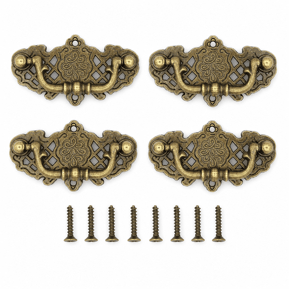 ABCISI 4 Pcs Antique Brass Bail Pull Handles, 2.6 in Vintage Zinc Alloy Drawer Pulls with Ornate Floral Cutout Backplates and Screws for Cabinets, Dressers, Cupboards, Jewelry Boxes