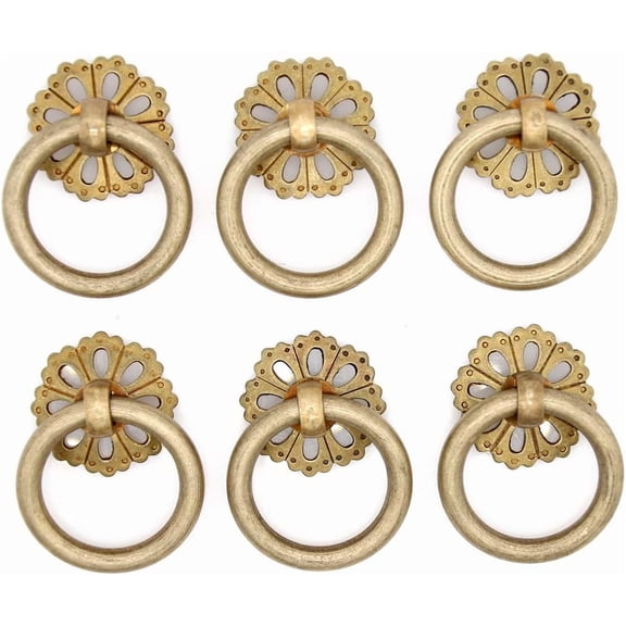 ABCISI 4 PCs Vintage Antique Brass Ring Pulls with Hollowed-Out Dome Base -Solid Brass Cabinet Hardware-Retro and Vintage Style, Ring Size 1.4" (3.5 cm)