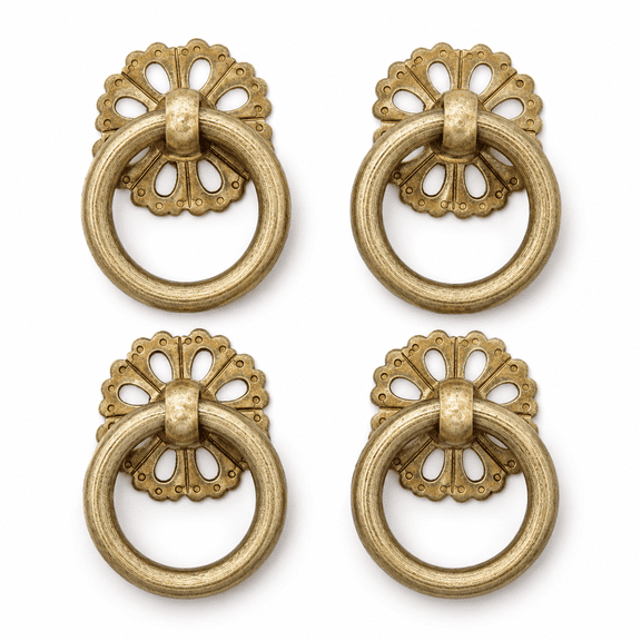 ABCISI Brass Ring Pulls, 4 Pack 1.2 in Vintage Cabinet Drawer Handles with Hollow Floral Backplate and Screws for Dresser, Cupboard, Wardrobe and Furniture Hardware