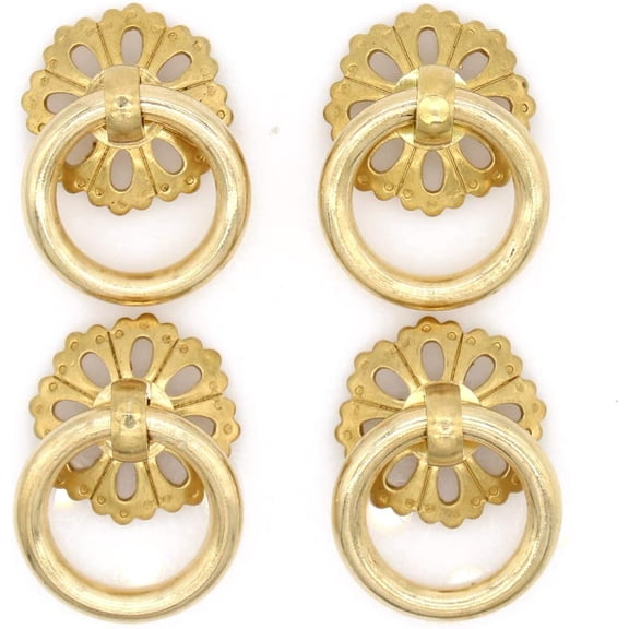 ABCISI 4 PCs Vintage Golden Ring Pulls with Hollowed Flower Shape -Pure Solid Brass Cabinet Hardware - Drawer Pulls with Screws for Cabinet Dresser Closet Cupboard, Ring Size 1.2-in (3 cm)