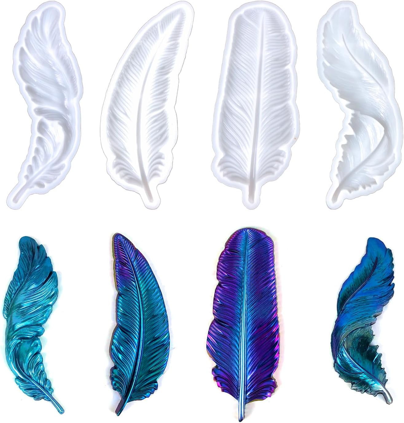 ABCISI 4-Piece 3D Feather Resin Molds Set, Silicone Molds for Epoxy Resin Casting Concrete Wall Hanging Keychain Jewelry Pendant, Home Decor Craft Making