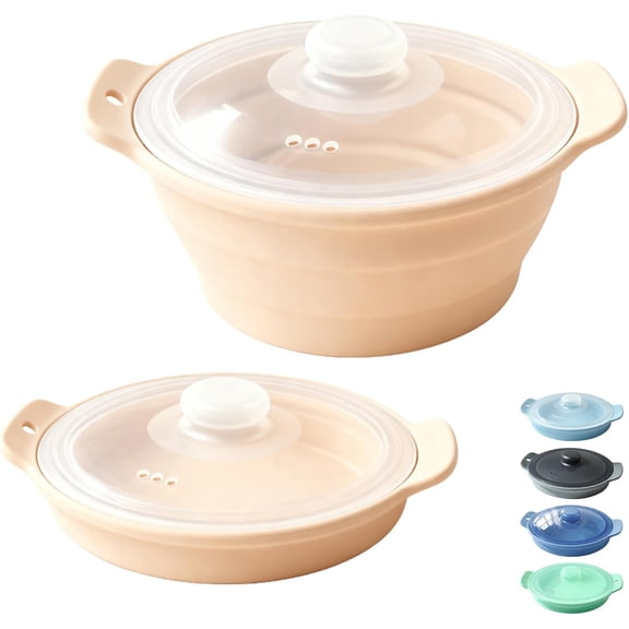 ABCISI 42oz Silicone Microwave Steamer For Cooking, Collapsible Food Steamer For Vegetable, Seafood, Soup, Leftovers, Rice Cooker, BPA Free Small Steam Pot with Handle & Lid, Dishwasher Safe (Beige)