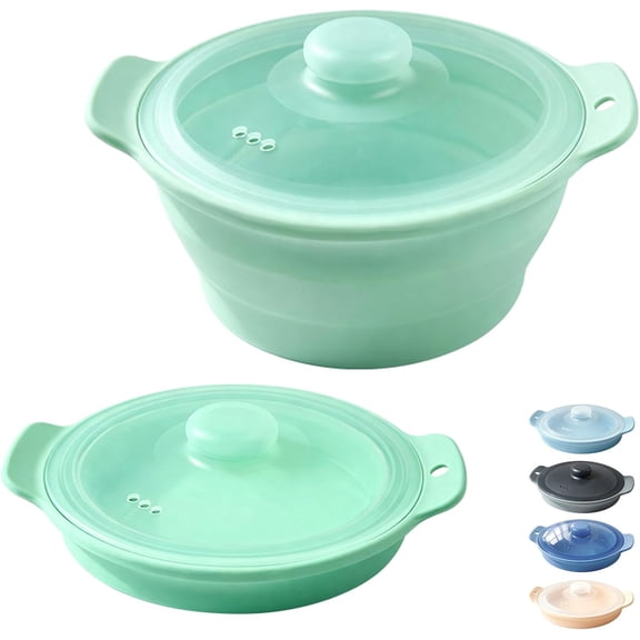 ABCISI 42oz Silicone Microwave Steamer For Cooking, Collapsible Food Steamer For Vegetable, Seafood, Soup, Leftovers, Rice Cooker, BPA Free Small Steam Pot with Handle & Lid, Dishwasher Safe (Green)