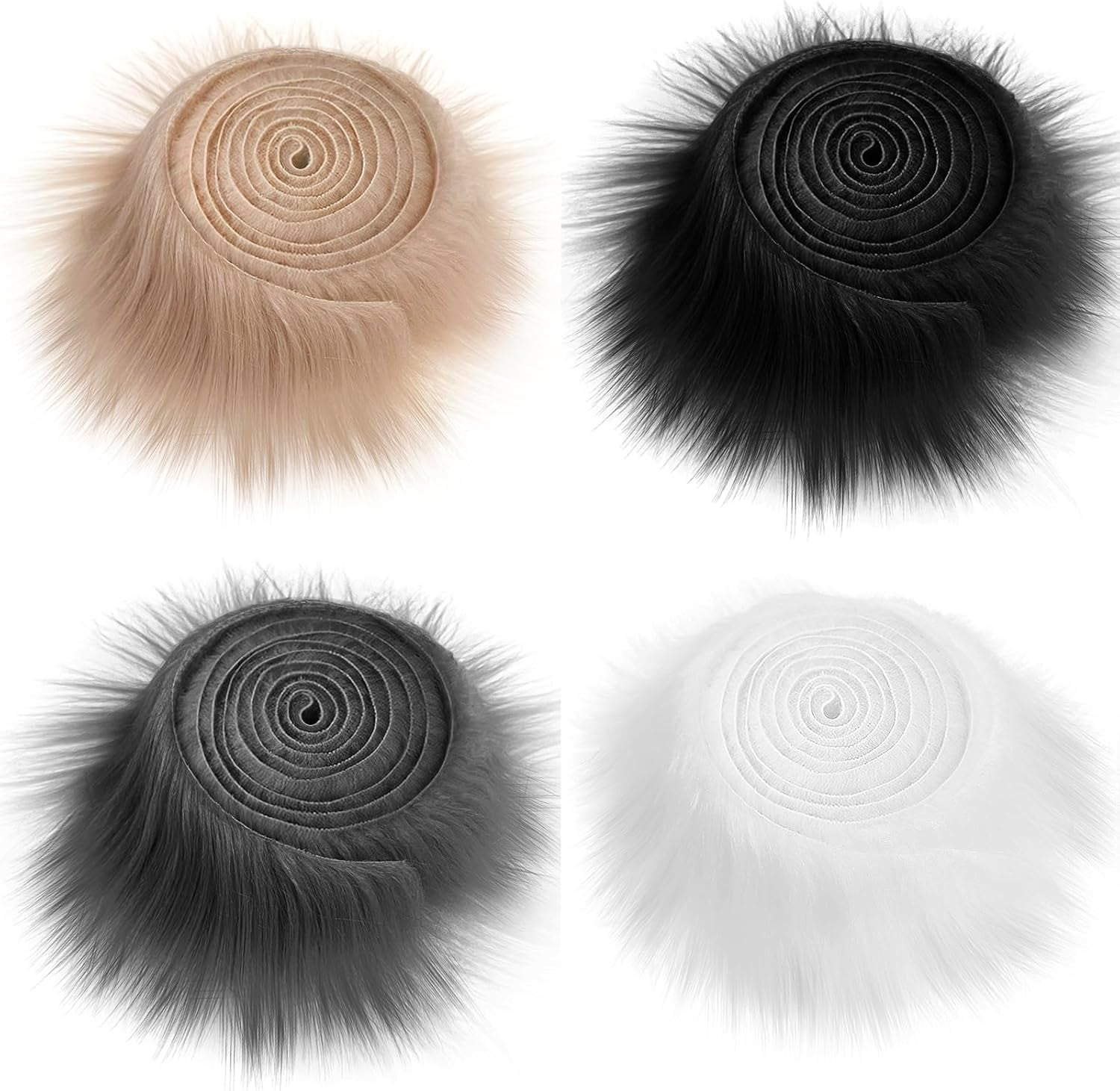 ABCISI 4PCS Faux Fur Ribbon, Fluffy Christmas DIY Craft Shaggy Synthetic Plush Patch, Sewing Fur Cuts for Party Decoration Winter Costume Gnome Beard Fur Ball Carpet Pet Pad (4-Color, 59.06"Lx1.97"W)