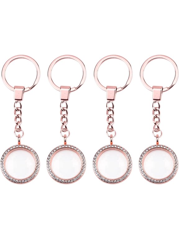 4PCS Floating Charm Keychains, Round Memory Locket Key Chain with Rhinestone Border and Clear Window for Photos, DIY Crafts, Bags, Keys, Wedding Favors and Special Day Gifts