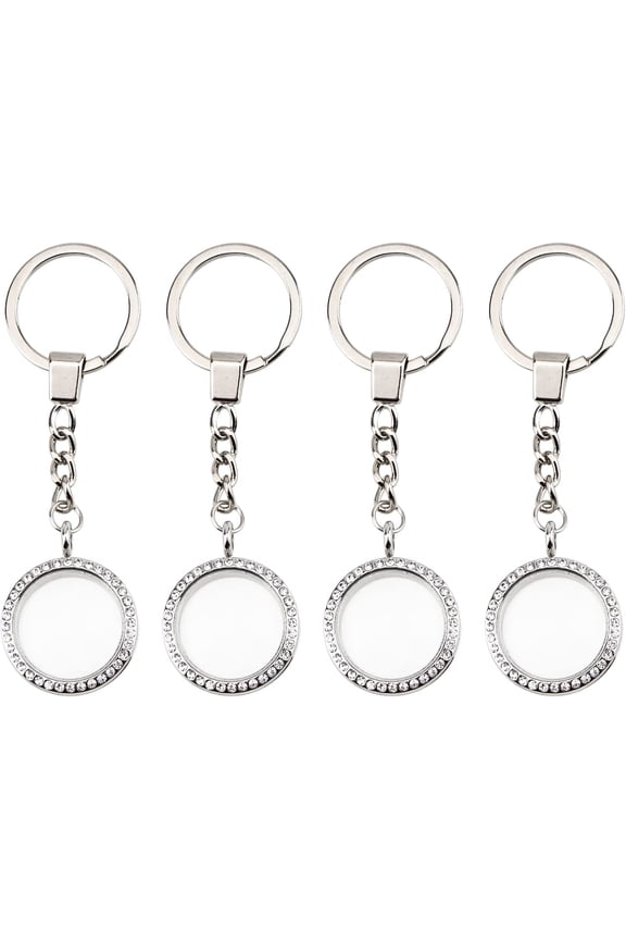 4PCS Round Floating Charm Keychain,Memory Key Chain for Photo or Decoration,Locket Pendant with Sparkling Rhinestone Diamond Crystal Bling Decoration for DIY Craft and Special Day Gift,Silver