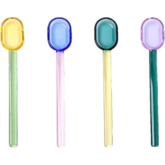 ABCISI 4pcs Colorful Glass Spoons Set, 6.1Inch Straight Handle Cute Spoons for Coffee, Tea, Dessert, Milk, Ice Cream, Suitable for Home, Cafes, Parties, or As a Gift - Heat-Resistant, Random Colors