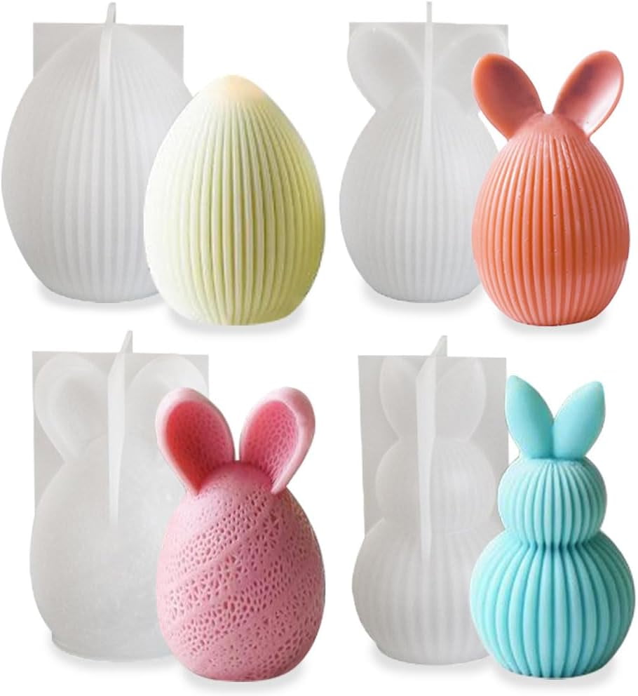 ABCISI 4pcs Easter Eggs Bunny Silicone Molds, Easter Decor Candle Molds for Candle Making Supplies, Rabbit Ears Egg Silicone Mold for DIY Candles Resin Plaster Art Crafts, Spring Decorations for Home