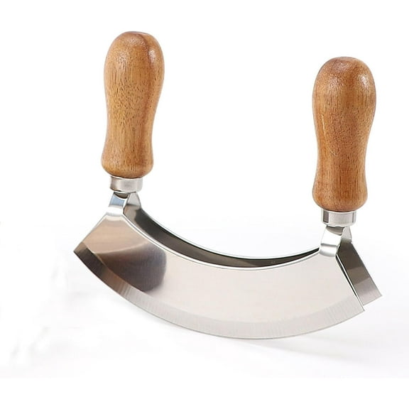 ABCISI 5.3 Inch Mezzaluna Knife with Sharp Double Blade, Pizza Cutter Rocker, Professional Gourmet Mezzaluna Chopping Knife, Stainless Steel Fruit Vegetable Mincing Knife