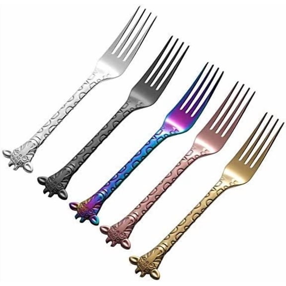 ABCISI 5 PCs Giraffe Handle Serving Forks, Creative Cartoon Stirring Spoon Ice Cream Coffee Cake Dessert Fork, Desserts Pick Up Food Server Stainless Steel Flatware Dinnerware