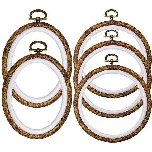 ABCISI 5 Pack Round Embroidery Hoops Set, 8" Round Embroidery Hoops, 9'' Oval Cross Stitch Hoops, Display Frame Ring Set, Imitated Wood Grain Rings for Craft Sewing Needlework DIY Hanging Gifts
