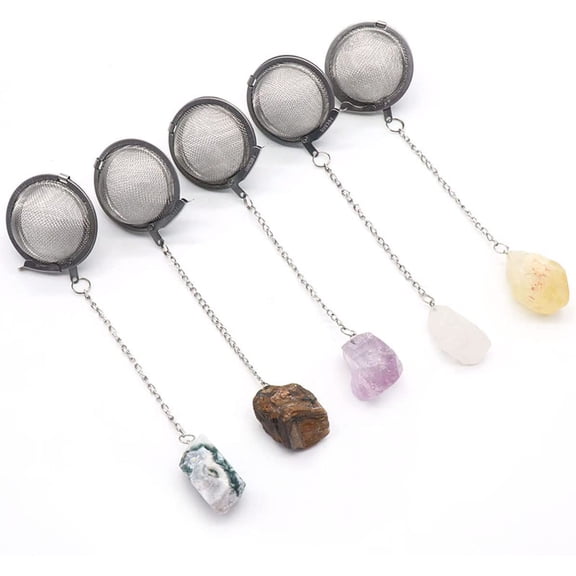 ABCISI 5 Pcs Tea Filter Stainless Steel with Crystal, Energy Stone Tea Strainers with Fine Mesh with Extend Chain Hook, Tea Ball Infuser for Loose Tea Leaves Spices Seasonings
