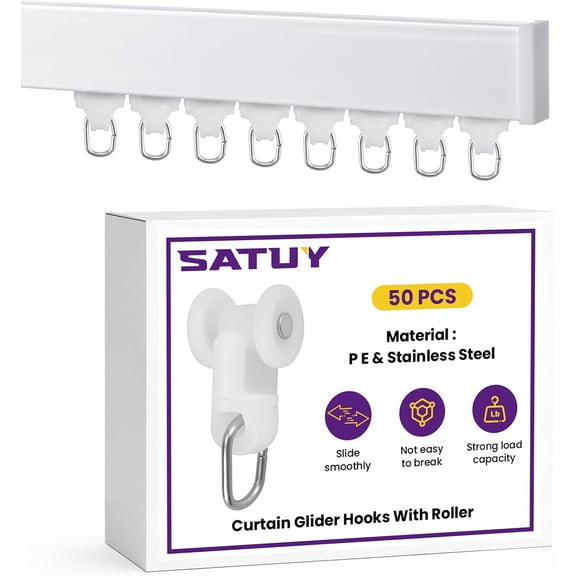 ABCISI 50 Pcs Curtain Glider Track Rail Runners, Heavy Duty Mute Wheel Curtain Glider Hooks with Dual Rollers for Universal Ceiling Drapes Room Dividers Shower Curtains Window Treatments