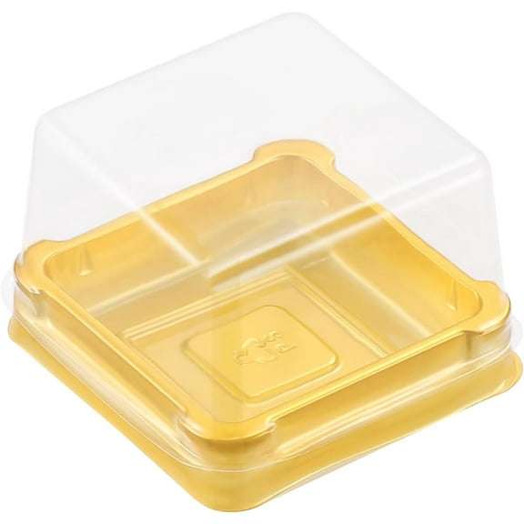 ABCISI 50 Pcs Plastic Square Mooncake Boxes, Golden Dessert Packing, Single Muffin Container, Small Clear Food-Grade, 2.16"x1.85"x1.57"