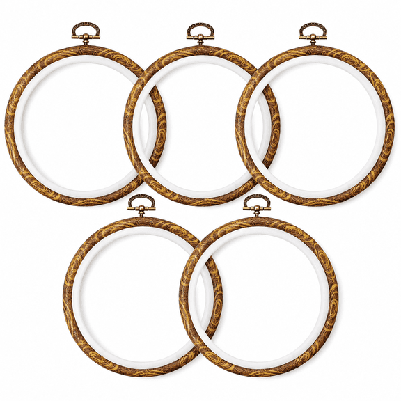 ABCISI 5PCS Round Embroidery Hoop Frame Set, 4.8 in Imitated Wood Display Rings with Hanging Tops for Cross Stitch, Needlework, Sewing, DIY Crafts and Handmade Wall Decor Gifts,4.8in
