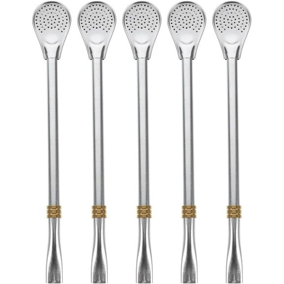ABCISI 5pcs Stainless Steel Drinking Spoons, Filter Straws for Loose Leaf Tea, Reusable Bombillas Straws Yerba Mate Straws, Strainer Stirring Spoons for  Home Bar and Parties, Golden