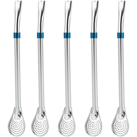 ABCISI 5pcs Stainless Steel Drinking Spoons, Filter Straws for Loose Leaf Tea, Reusable Bombillas Straws Yerba Mate Straws, Strainer Stirring Spoons for  Home Bar and Parties, Blue