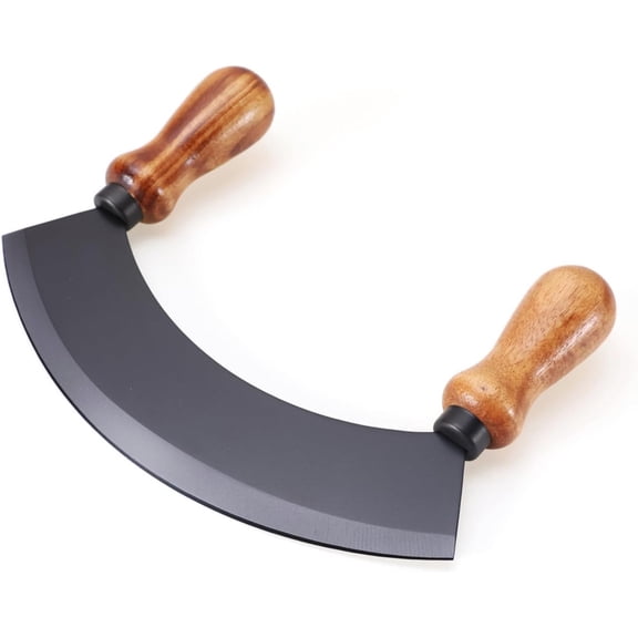 ABCISI 6.8 Inch Stainless Steel Mezzaluna Knife, Salad Rocker Chopper with Double Wood Handle, Pizza Cutter Chopper Knife with Curved Sharp Blade, Mincing Knife for Fruit Vegetable Herbs Nuts(Black)