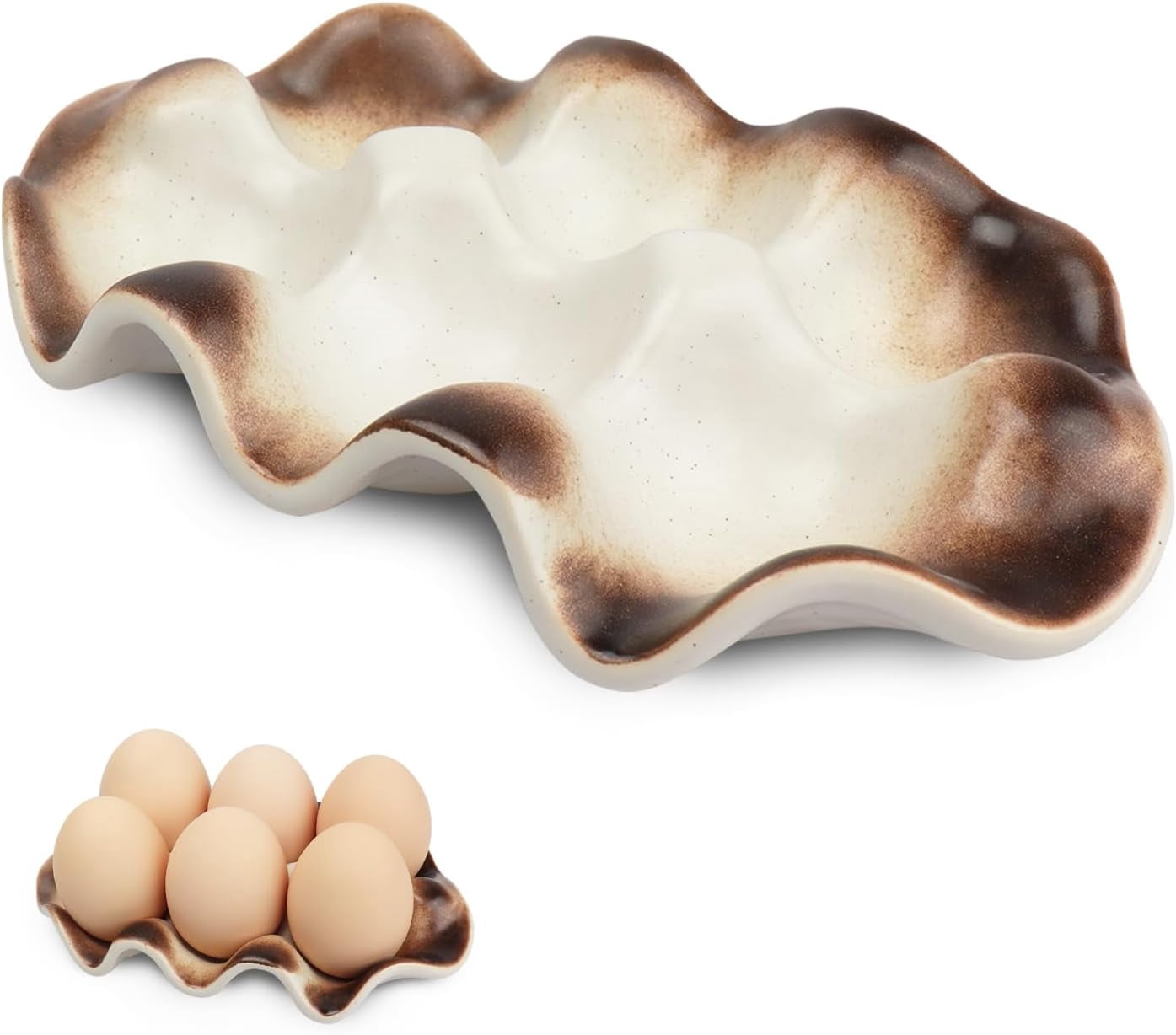 ABCISI 6 Cups ceramic egg holder, Decorative Serving Egg Stand, Holds Half Dozen Eggs for Fridge & kitchen Countertop Display  (Brown)