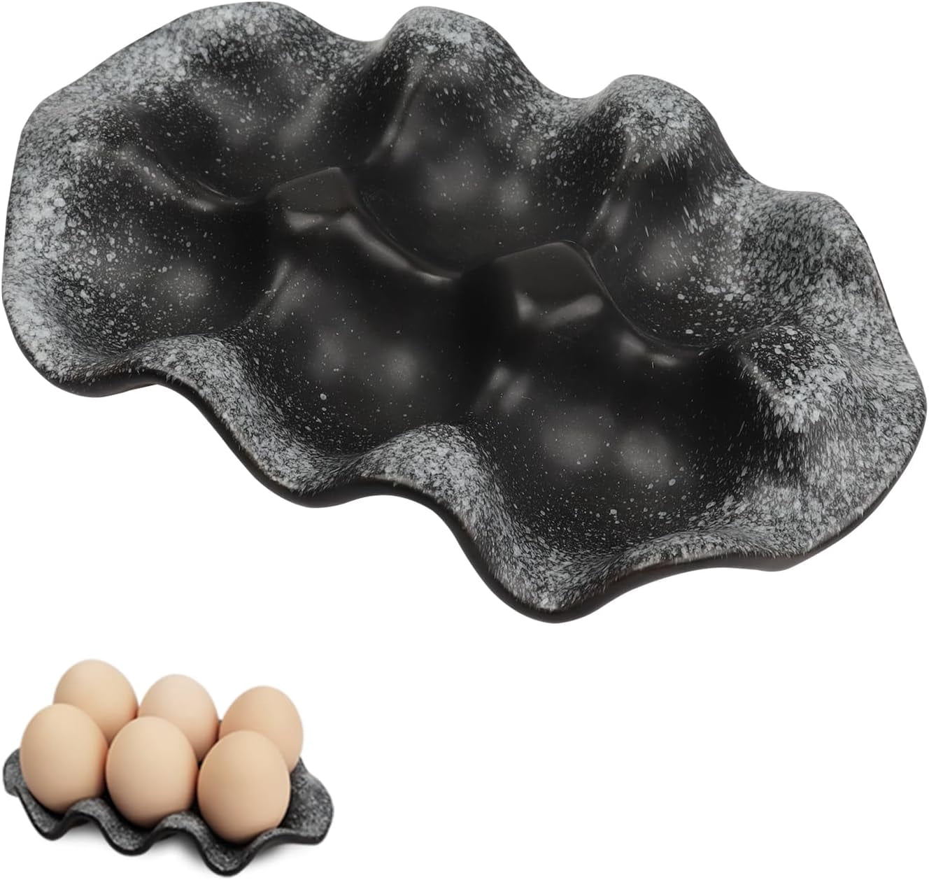 ABCISI 6 Cups ceramic egg holder, Decorative Serving Egg Stand, Holds Half Dozen Eggs for Fridge & kitchen Countertop Display (black)