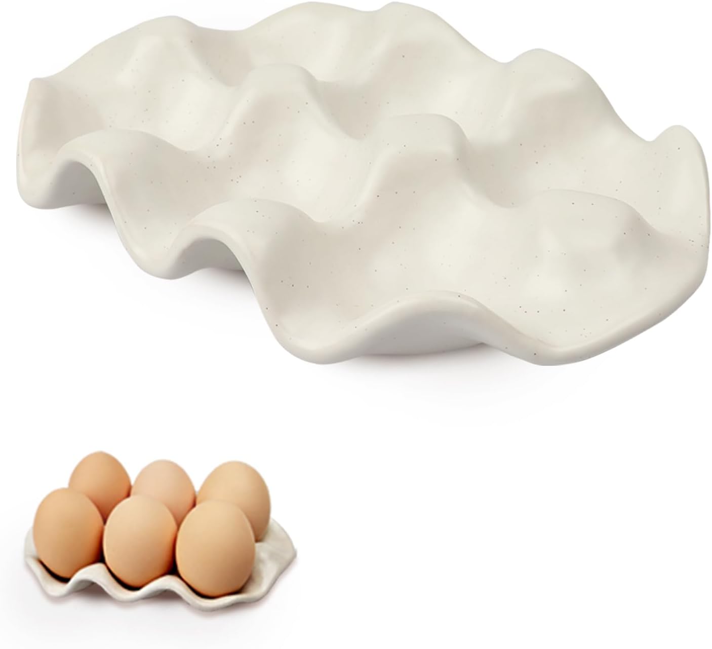 ABCISI 6 Cups ceramic egg holder, Decorative Serving Egg Stand, Holds Half Dozen Eggs for Fridge & kitchen Countertop Display (white)