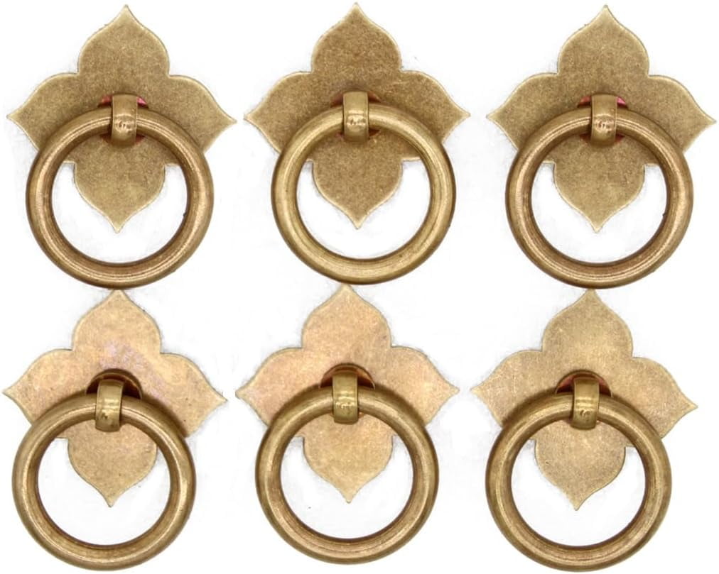 ABCISI 6 PCs Pure Copper Ring Pulls - Vintage Antique Brass Ring Pulls with Four-Leaf Clover Shaped Base - Pure Solid Brass Core - Ring Size 1.4" (3.5 cm)
