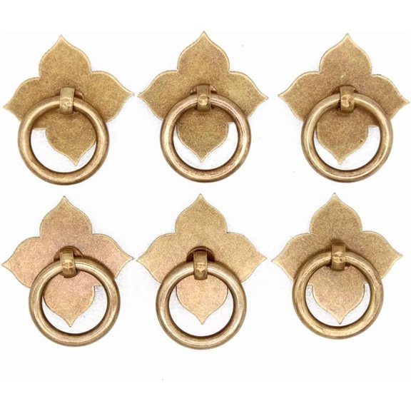 ABCISI 6 PCs Pure Copper Ring Pulls - Vintage Antique Brass Ring Pulls with Four-Leaf Clover Shaped Base - Pure Solid Brass Core - Ring Size1.2" (3 cm)