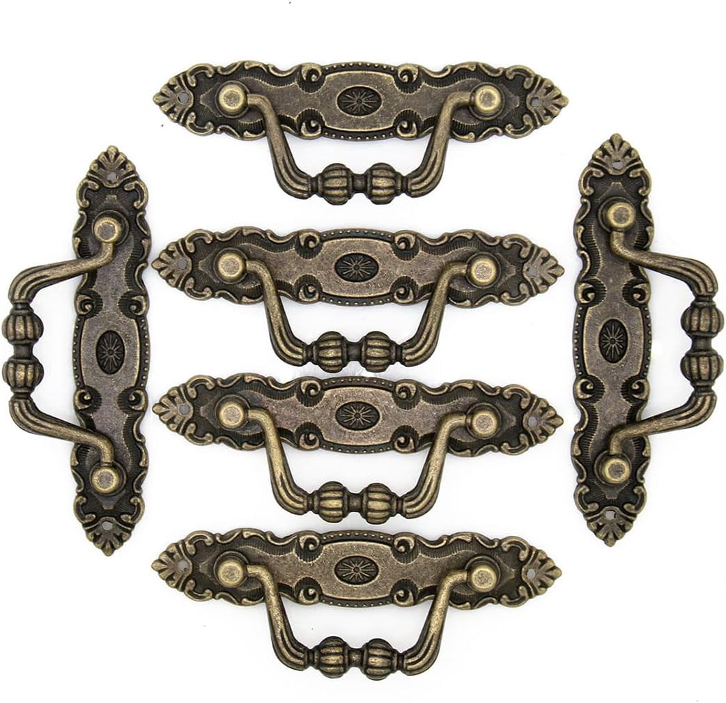 ABCISI 6 PCs Vintage Antique Brass Bail Pull - Decorative Drop Pull Handle for Drawer Cabinet Dresser Cupboard, Furniture Hardware, Length 4.1" (10.5 cm) and Height 1.5" (3.8 cm)