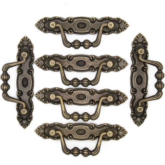 ABCISI 6 Pcs Vintage Antique Brass Drawer Bail Pulls, 4.1 in Decorative Drop Handles with 3.5 in Hole Spacing, Zinc Alloy Cabinet Hardware for Dresser, Cupboard, Furniture