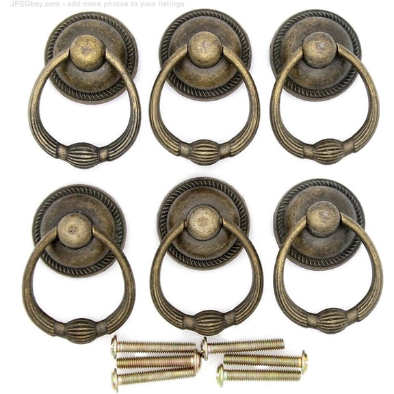 ABCISI 6 PCs Vintage Antique Brass Drop Ring Pulls -Drawer Ring Handles – Ring Pull with Single Mounting Hole - Large Size, Ring Size 1.4-in (3.6 cm), Pull Height 2.1-in (5.4 cm)