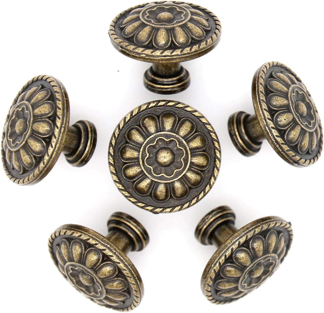 ABCISI 6 PCs Vintage Antique Bronze Knobs Handles -Cabinet Drawer Knob Pulls with Embossed Flower Pattern for Kitchen Bathroom, Diameter 1-7/32" (31 mm)