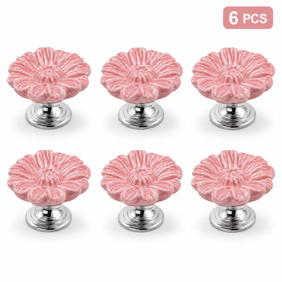 ABCISI 6 Pack Flower Cabinet Knobs, Ceramic Vintage Floral Daisy Drawer Knobs with Metal Base and Screws, Decorative Pull Handles for Dresser, Cupboard, Wardrobe and Kitchen, Pink
