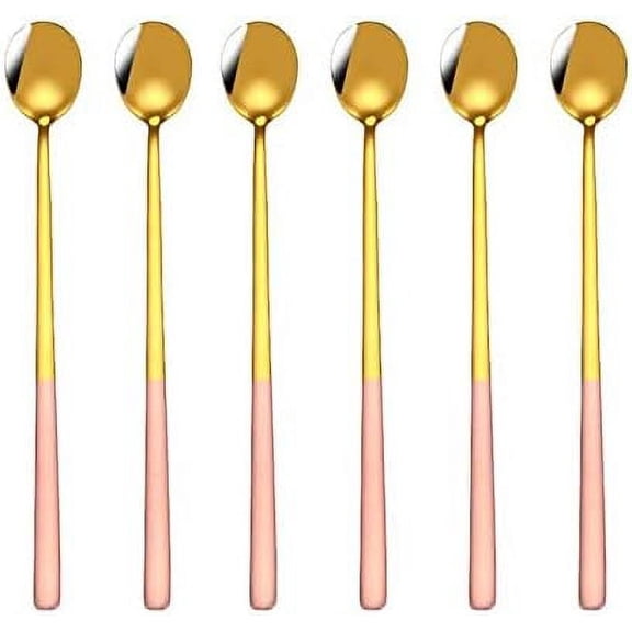 ABCISI 6-Pack Pink Gold 9" Ice Cream Coffee Spoon, Long Handle Teaspoon for Mixing Cocktail Stirring Tea Milkshake Cold Drink, Stainless Steel and Elegant Polished Finish