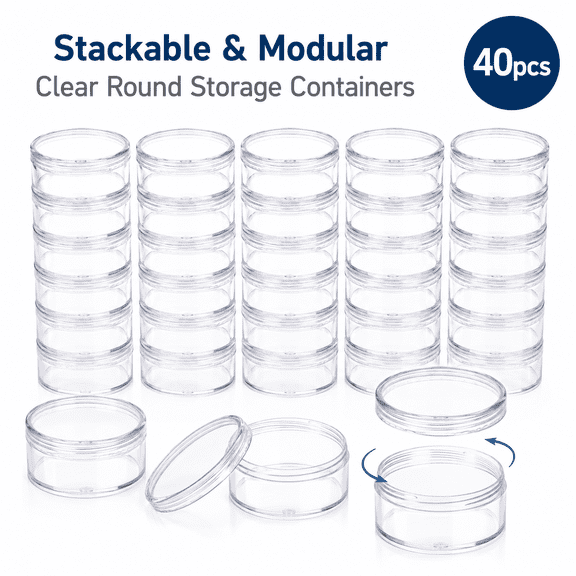 ABCISI Stackable Round Plastic Storage Boxes With Transparent Threaded Caps, Suitable For Diamond Drill Bits, Seed Beads, Nail Polish Chips, Jewelry Accessories And Craft Materials, 40Pcs