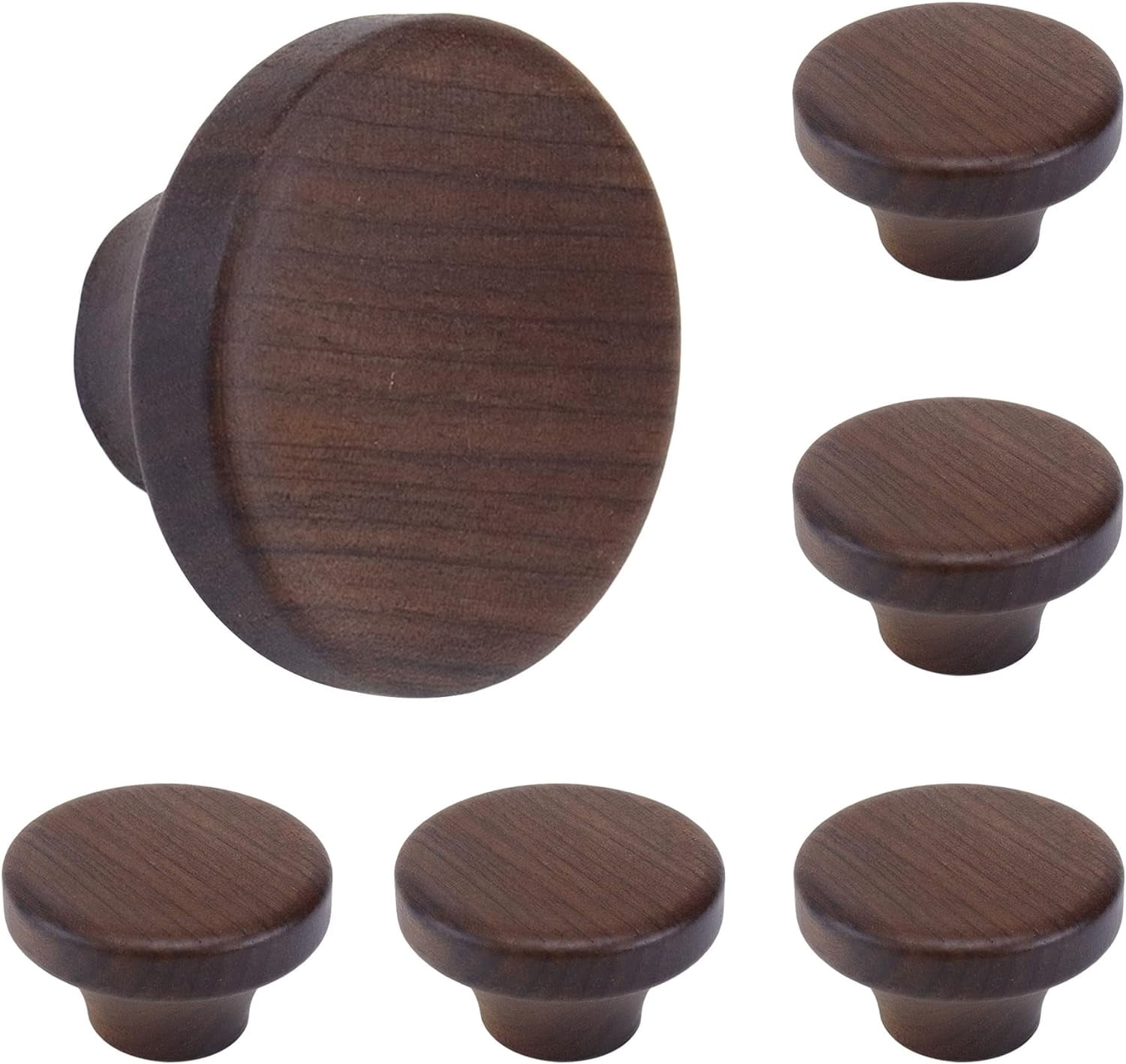 ABCISI 6PCS Round Wooden Single Hole Drawer Handles with 6 Screws, 1.56" Cabinet Knobs 1 Hole Hardware Handles Decorative Furniture Knobs for Dresser Wardrobes (Walnut)