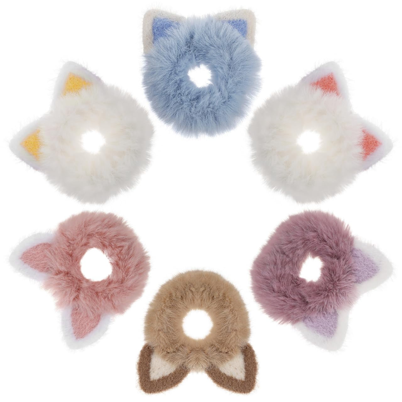 ABCISI 6pcs Cat Ear Hair Scrunchies - Fluffy Hair Ties for Girls, Cute Kawaii Elastic Ponytail Holders for Daily and Party Use, Hair Bands Elastic Plush Furry Hair Accessory, Mixed Color