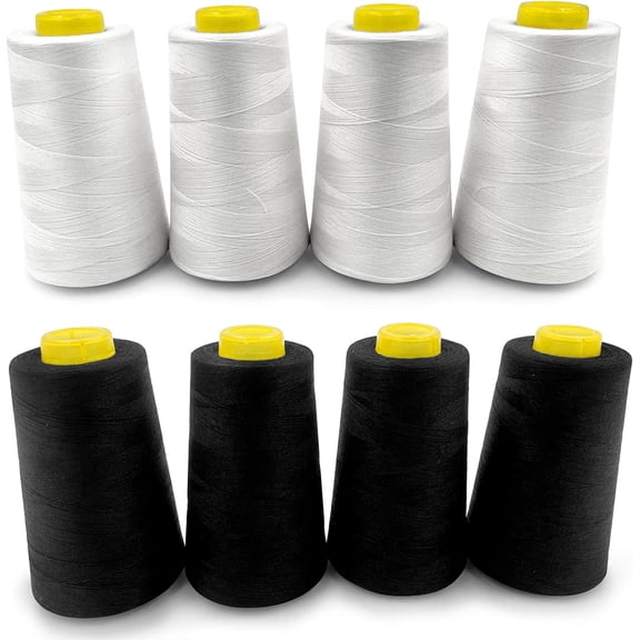 ABCISI 8 Cones of 3000 Yards Sewing Thread, Each Spool Thread for All Purpose Sewing - 100% Polyester for Serger Overlock Quilting Machine 40S/2 White+Black